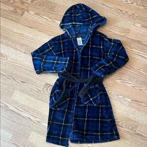 Cuddl Duds Kids Hooded Blue Plaid Fleece Robe with Belt Sz 8 / 10